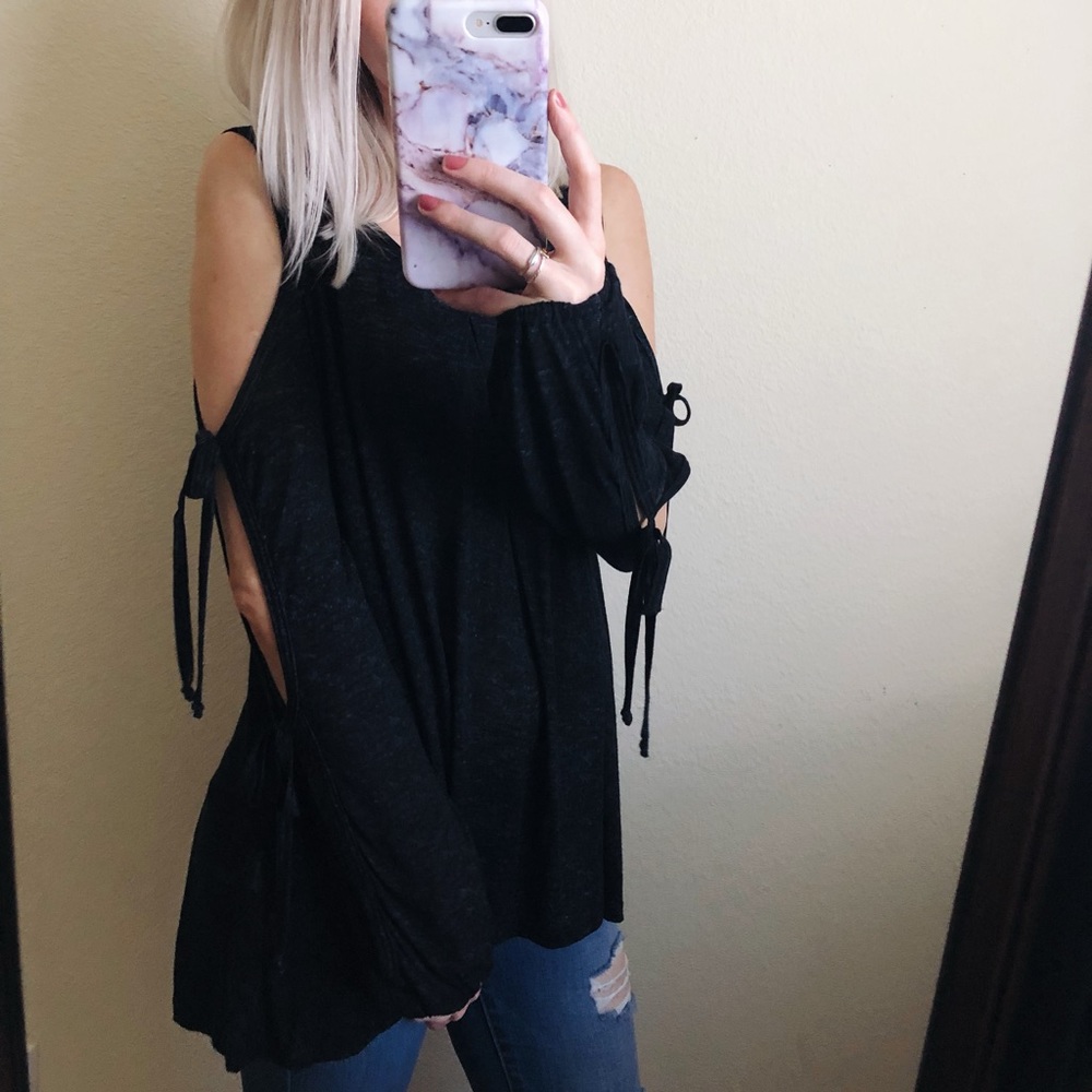 Black tie sleeve cold shoulder top